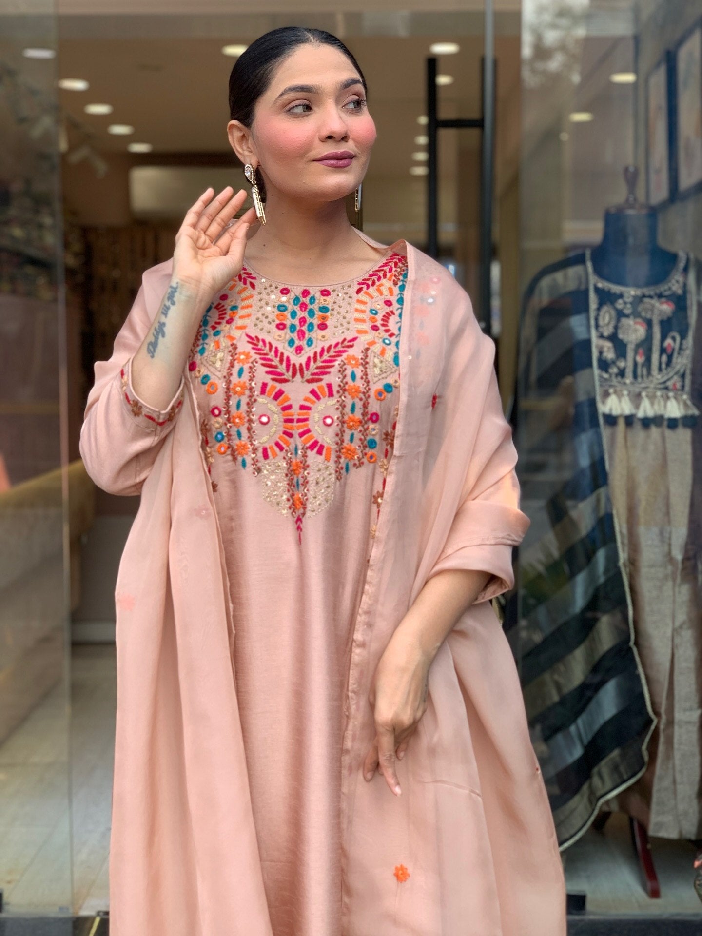 Elegant Peach Embroidered Anarkali Kurta Pant Set with Dupatta