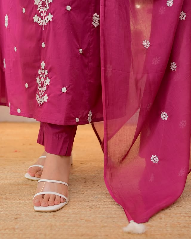 Magenta Pink Embroidered Kurta Pant Set with Dupatta