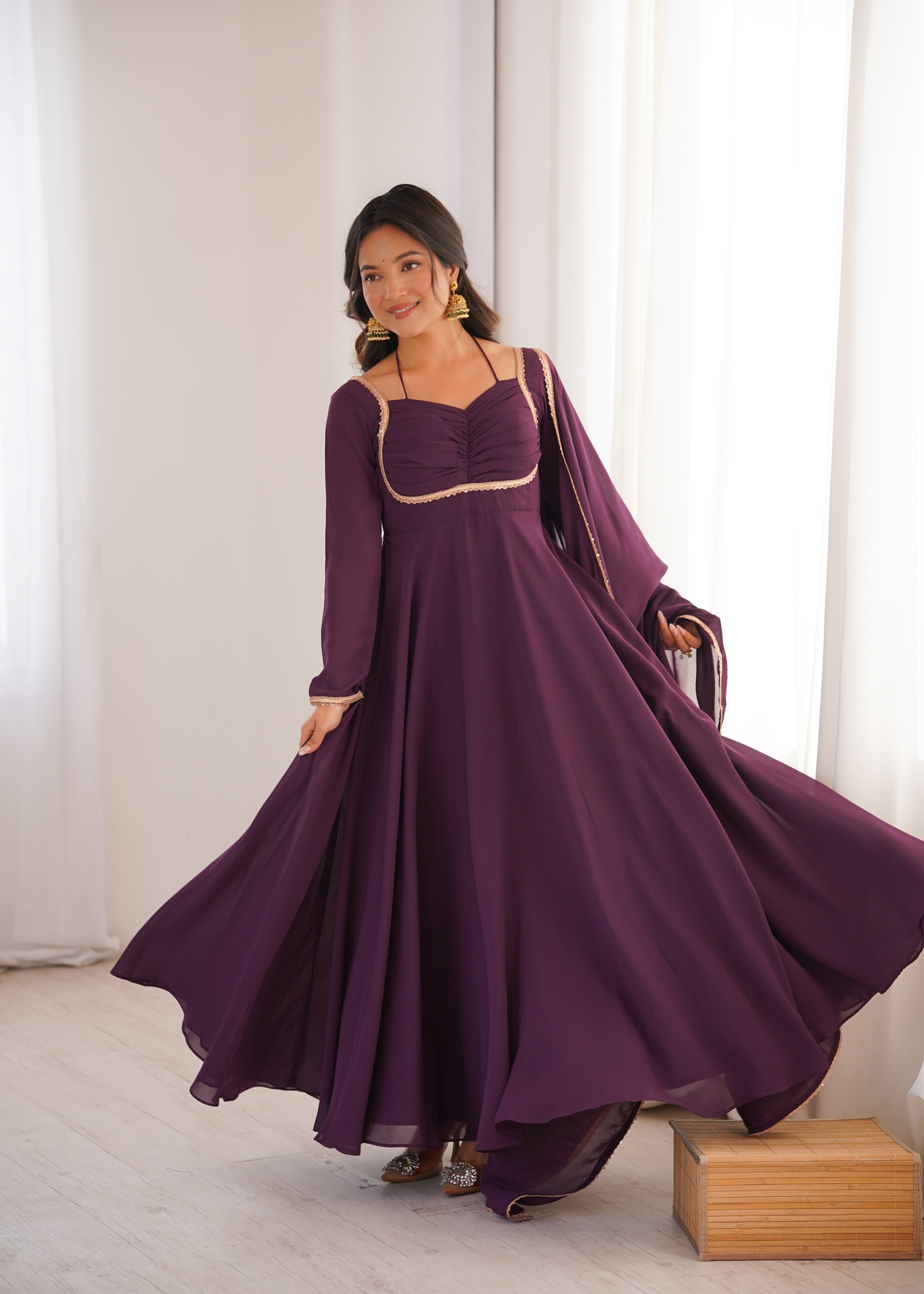 Wine Pure Fox Blooming Georgette Anarkali Dress With Dupatta