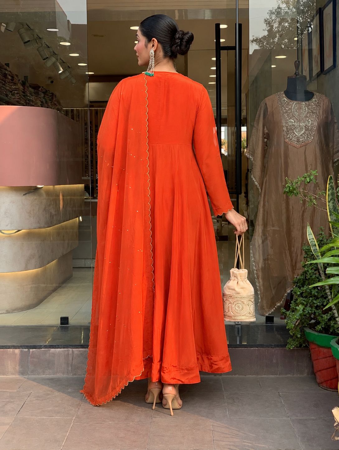 Orange Silk Blend Embroidered Festive Anarkali Suit Set