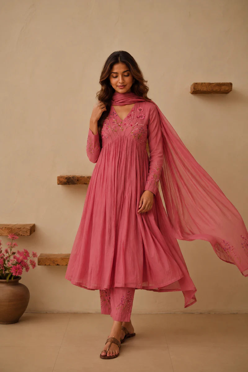 Pink Floral Embroidered Anarkali Kurta Set for Women