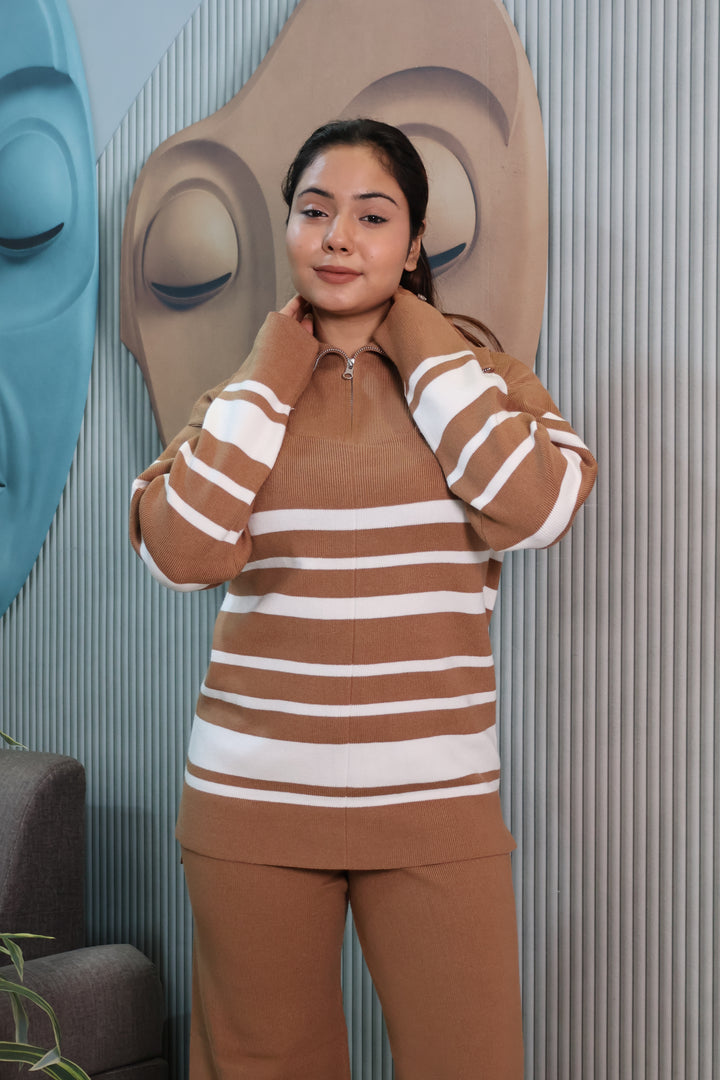Woolen Knit Co-Ord Set with Striped High Neck To (brown)
