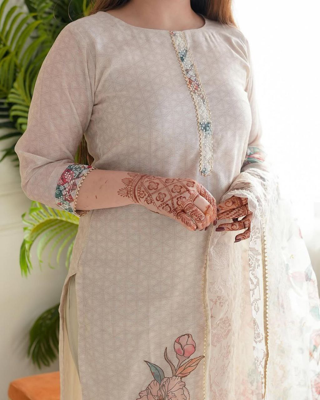 Elegant Beige Floral Linen Cotton Kurti Pant & Dupatta Set