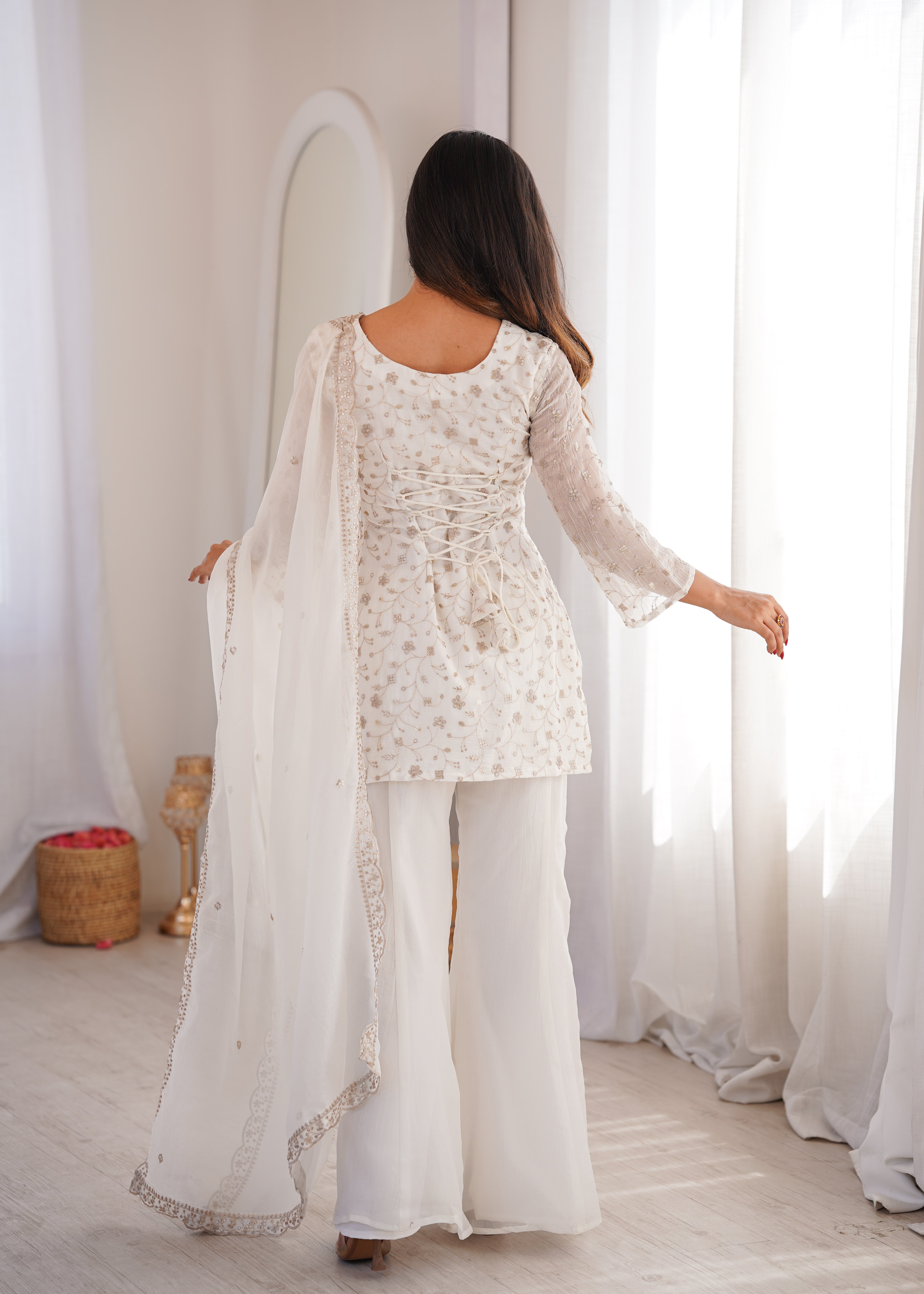 White Color Crunchy Silk Zari Sequince Embroidered Work Anarkali Set Full Stitched.