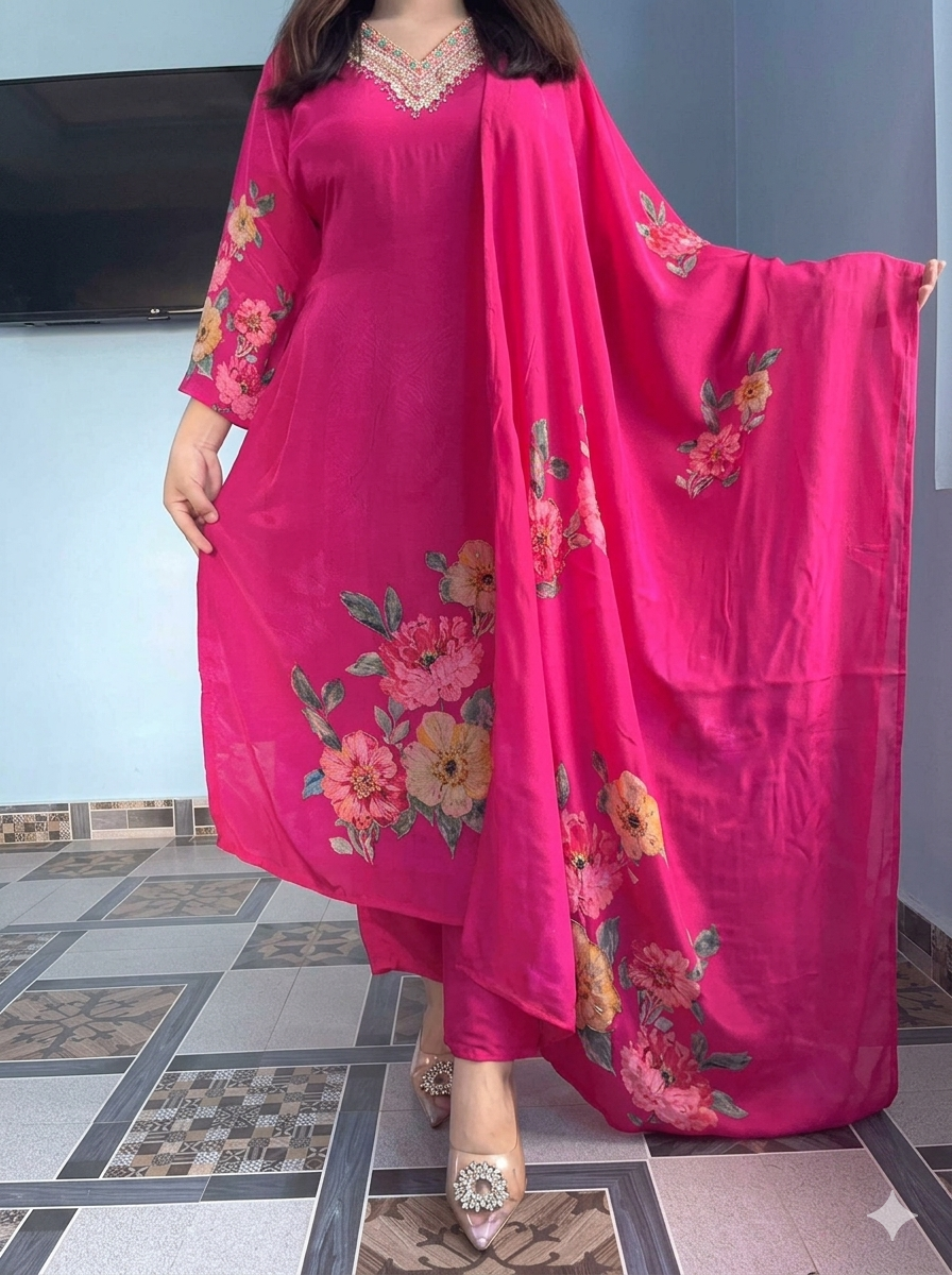 Rani Pink Natural Soft KitKat Silk Suit with Heavy Hand Work