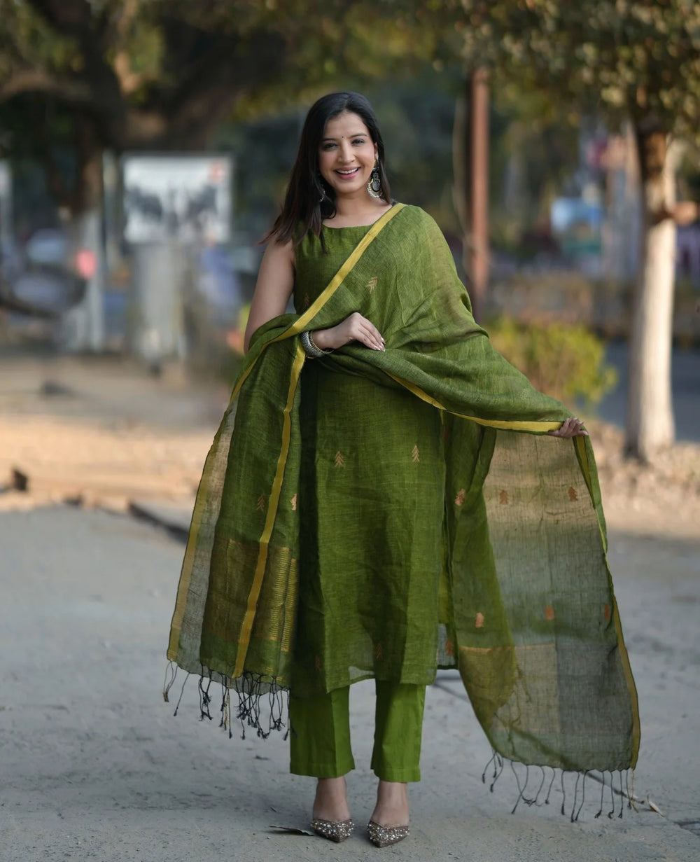 Classic Olive Green Straight Kurta Pant Set with Dupatta