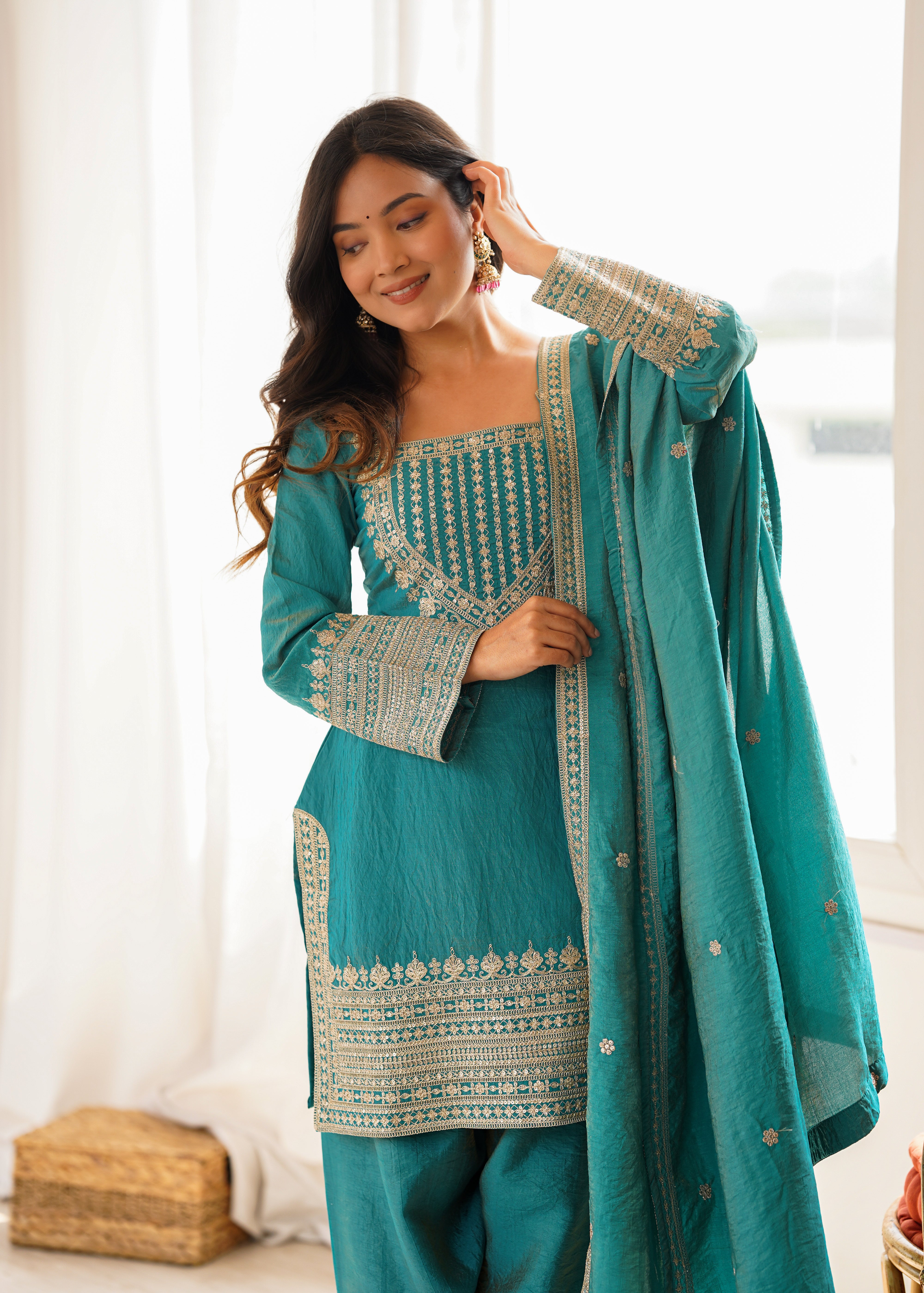Sea Green Color NC Vichitra Silk Farshi Salwar Suit