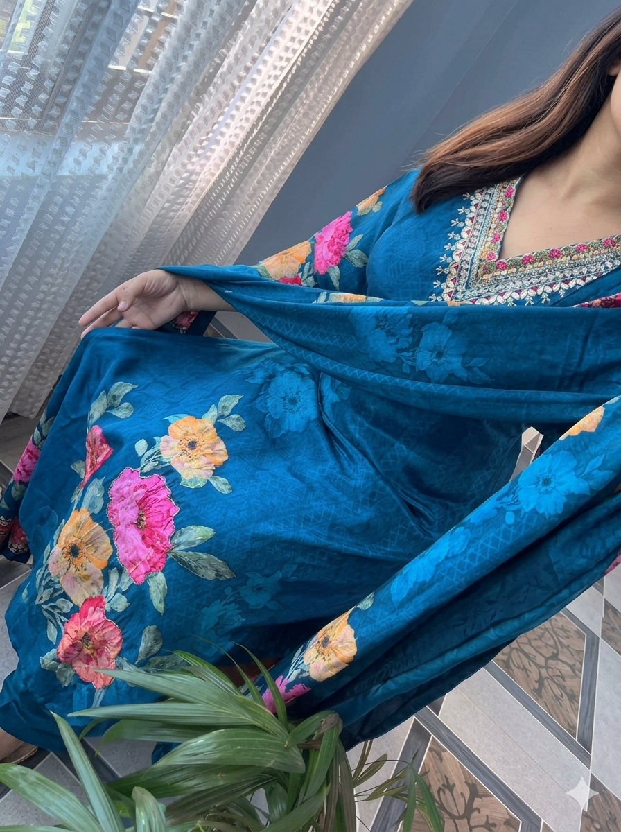 Royal Blue KitKat Silk Kurti Pant Set with Floral Dupatta for Festive Wear