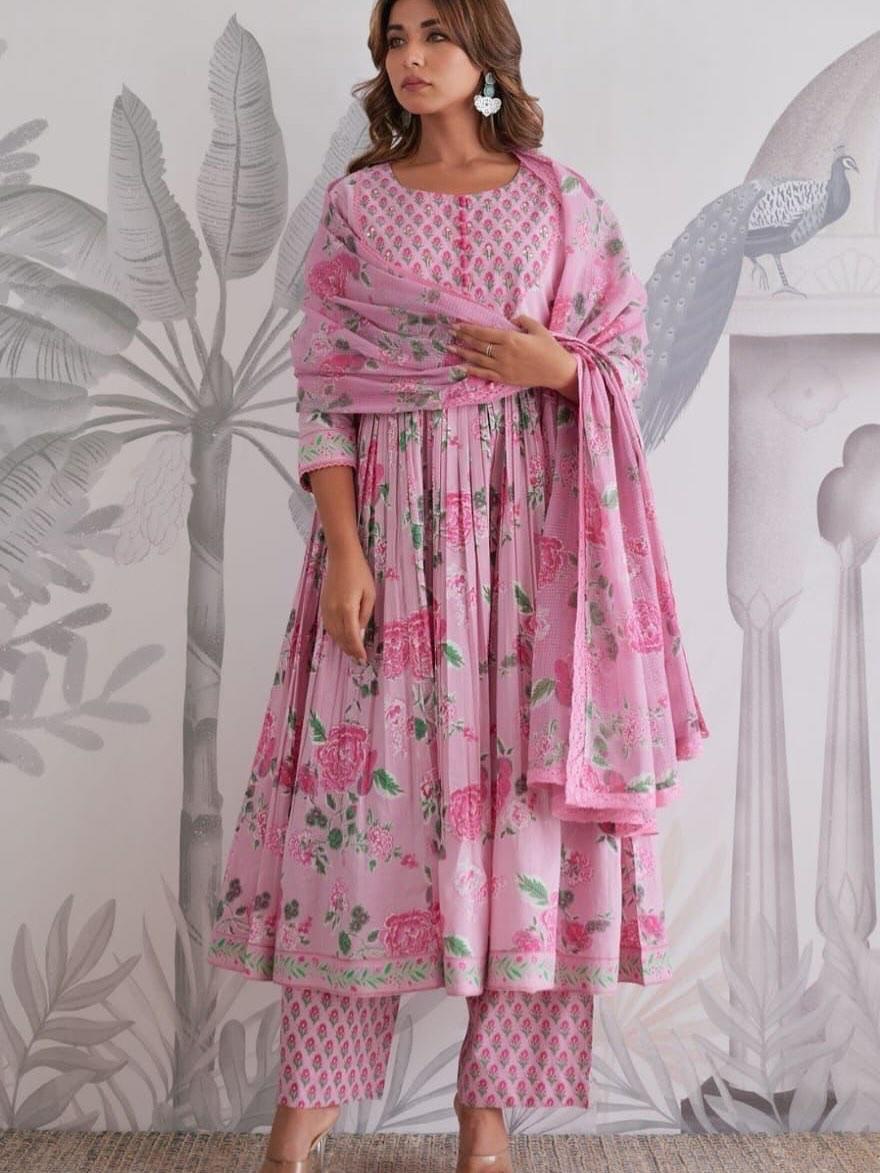 Premium Pink Floral Jaipuri Cotton 6060 Flared Anarkali Suit Set with Pant & Dupatta