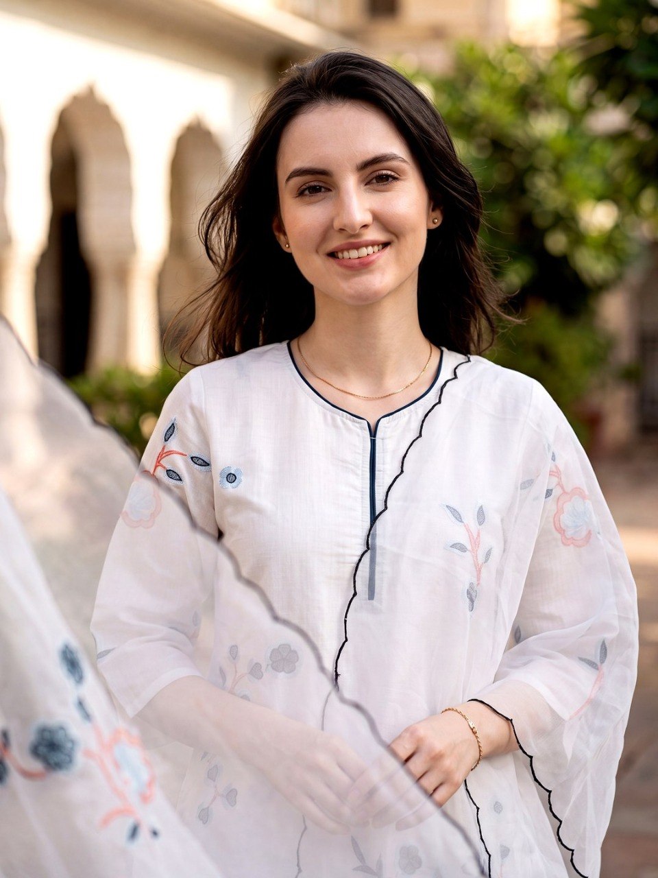 Ivory Blossom Hand-Embroidered Kurta Set with Organza Style Scalloped Dupatta
