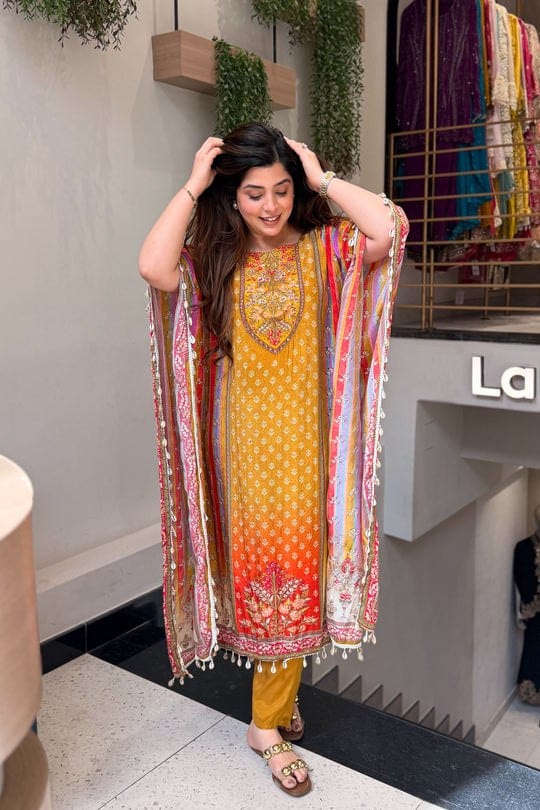 Yellow Mustard Printed Kaftan  Kurti Set with Beads Work & Pants