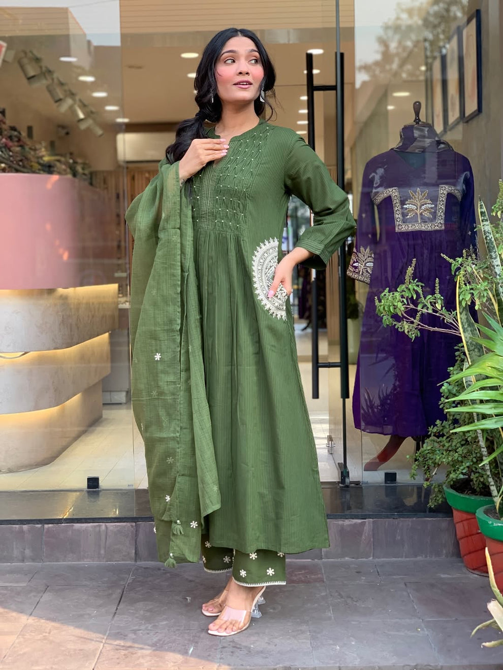 Olive Green Cotton Blend Embroidered Kurta With Pant & Dupatta Set