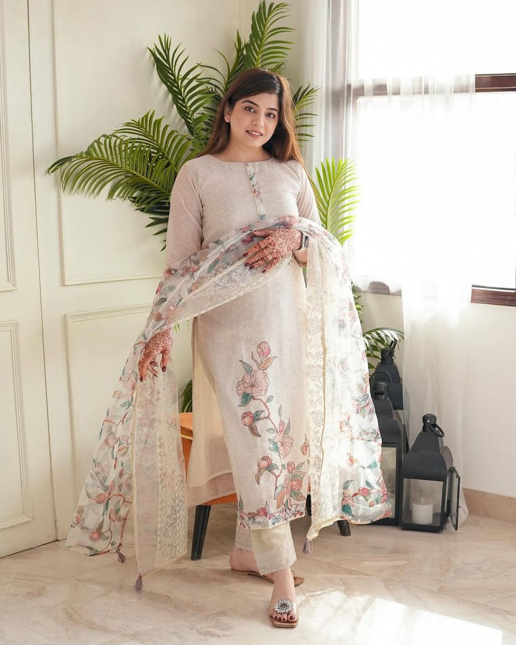 Elegant Beige Floral Linen Cotton Kurti Pant & Dupatta Set