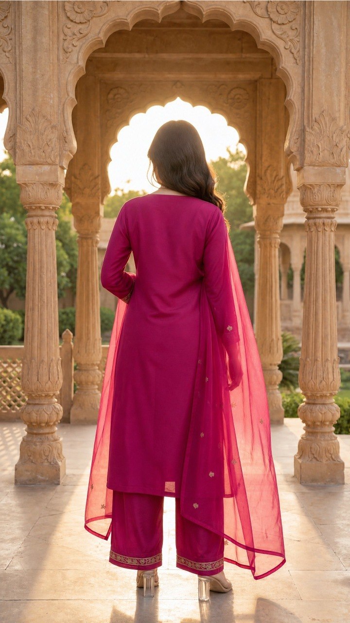 Fuchsia Pink Silk Blend Ethnic Motifs Embroidered Festive Suit Set (Set of 3)
