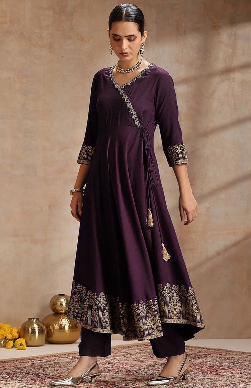 Purple Anarkali Kurta Set with Zari Border Dupatta & Pants