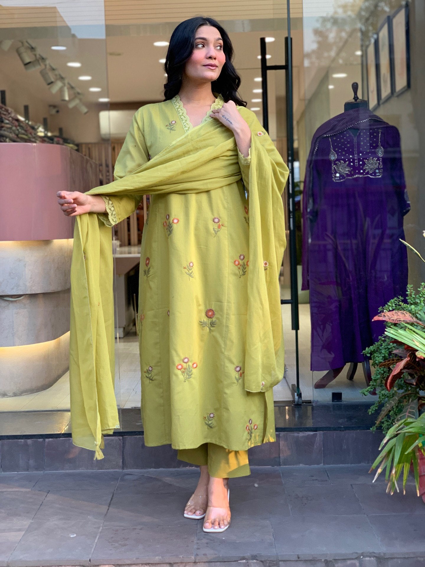 Pista Floral Embroidered Chanderi Kurta Set with Dupatta