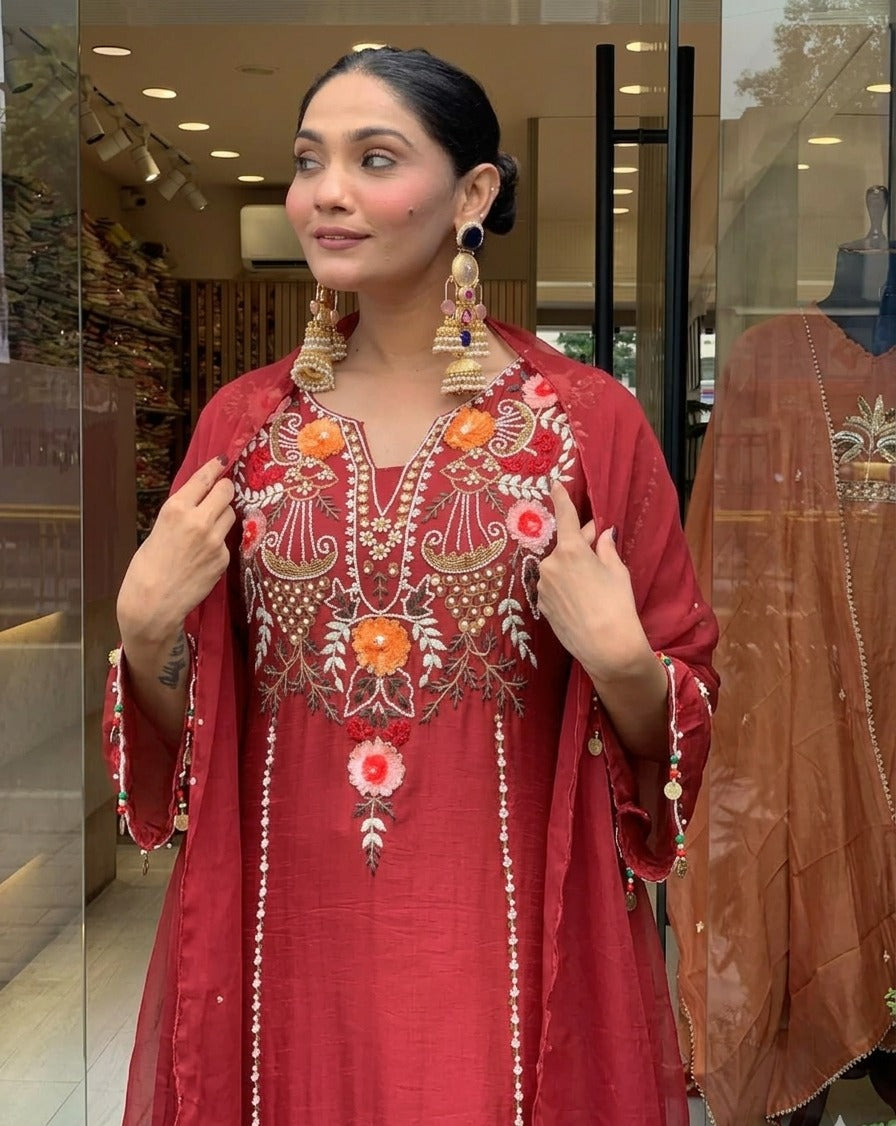 Elegant Maroon Chanderi Silk Heavily Embroidered Kurta Pant Set With Dupatta