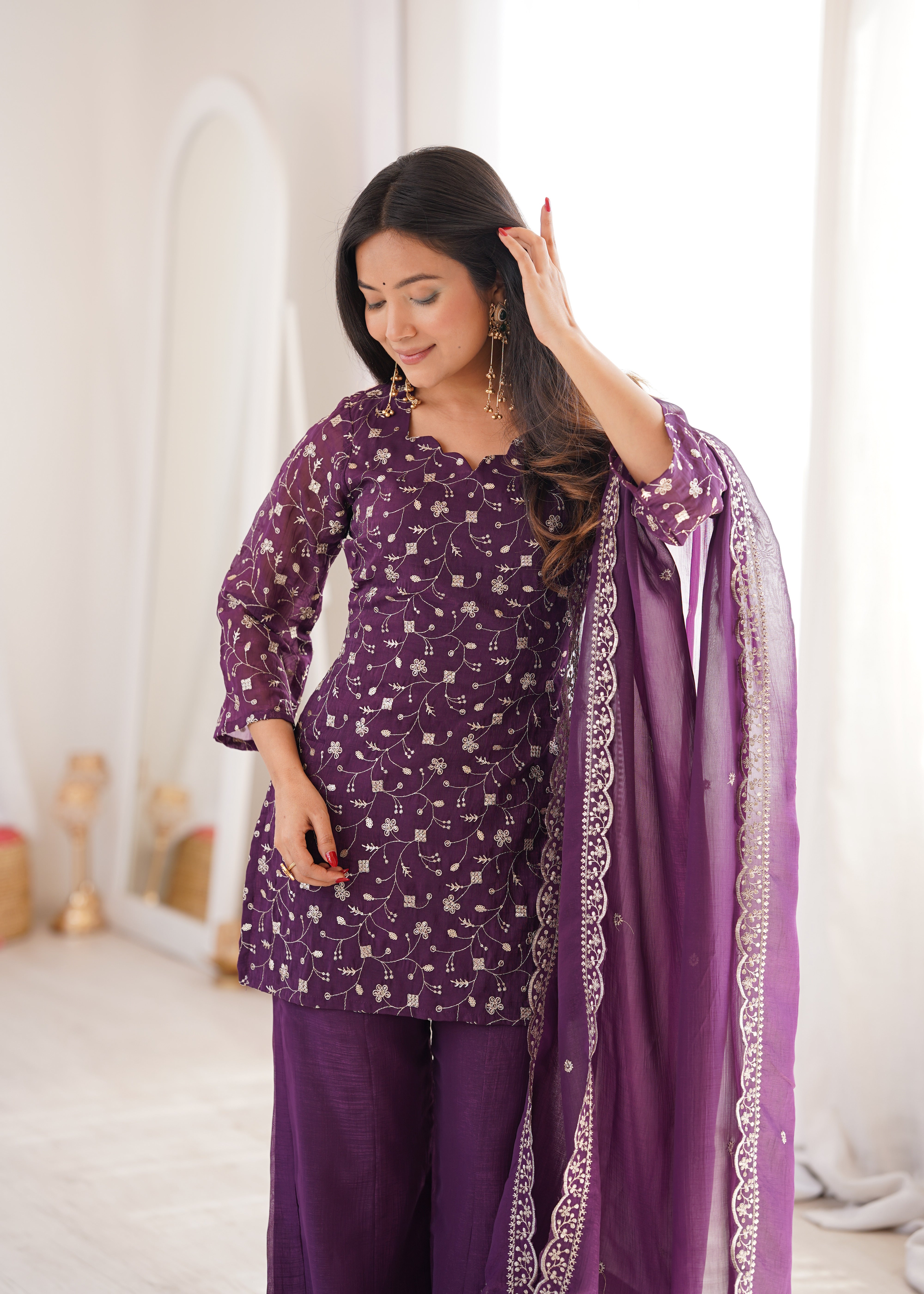 Crunchy Silk Embroidered Suit Set with Bell Bottom Pant