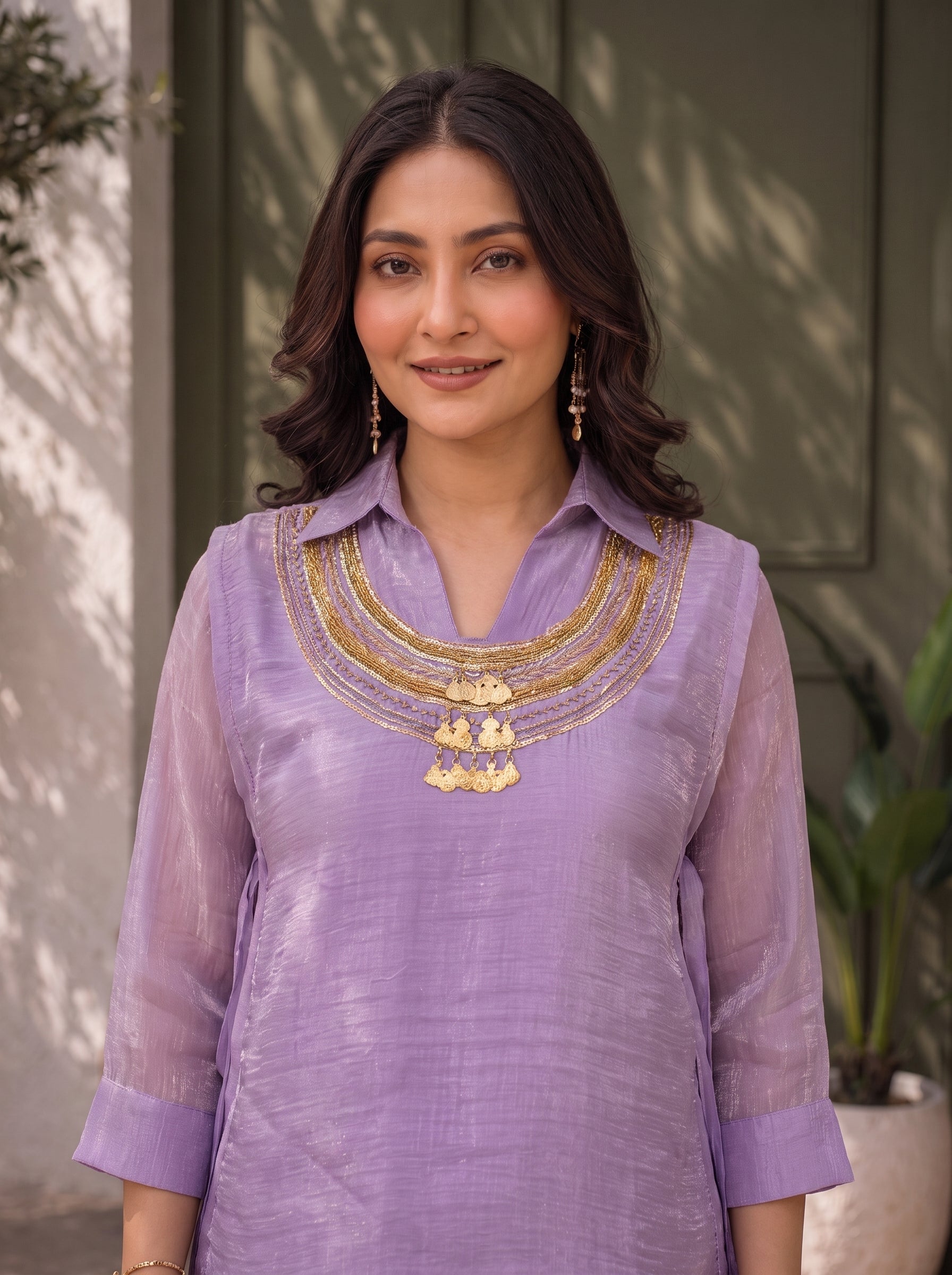Purple Crunchy Silk Top and Palazzo Set with Handwork Neckline