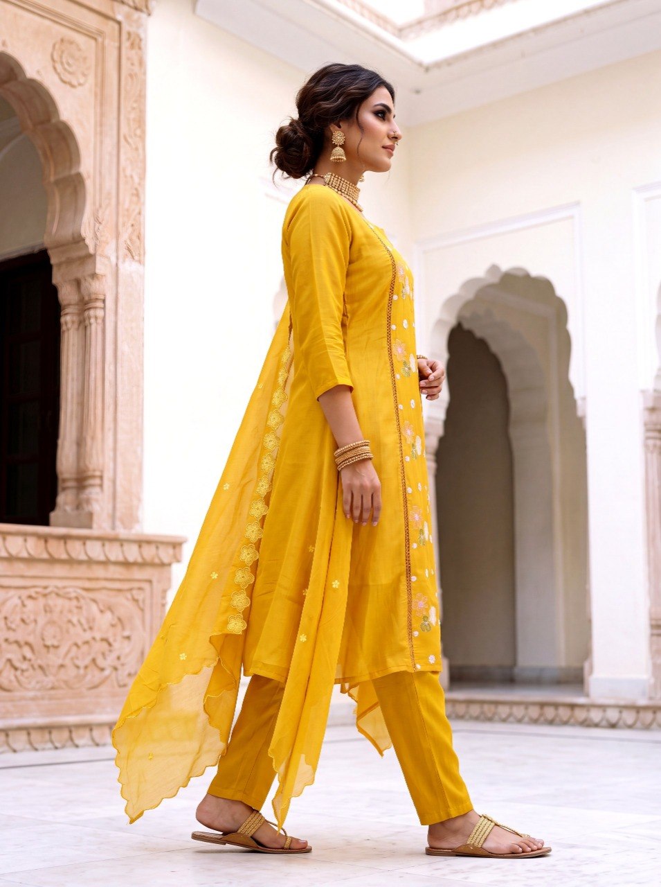 Mustard Meadow Embroidered Mul Silk Pant Set