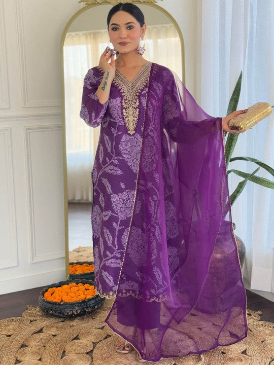 Purple Rayon Kurta Set with Chanderi Dupatta