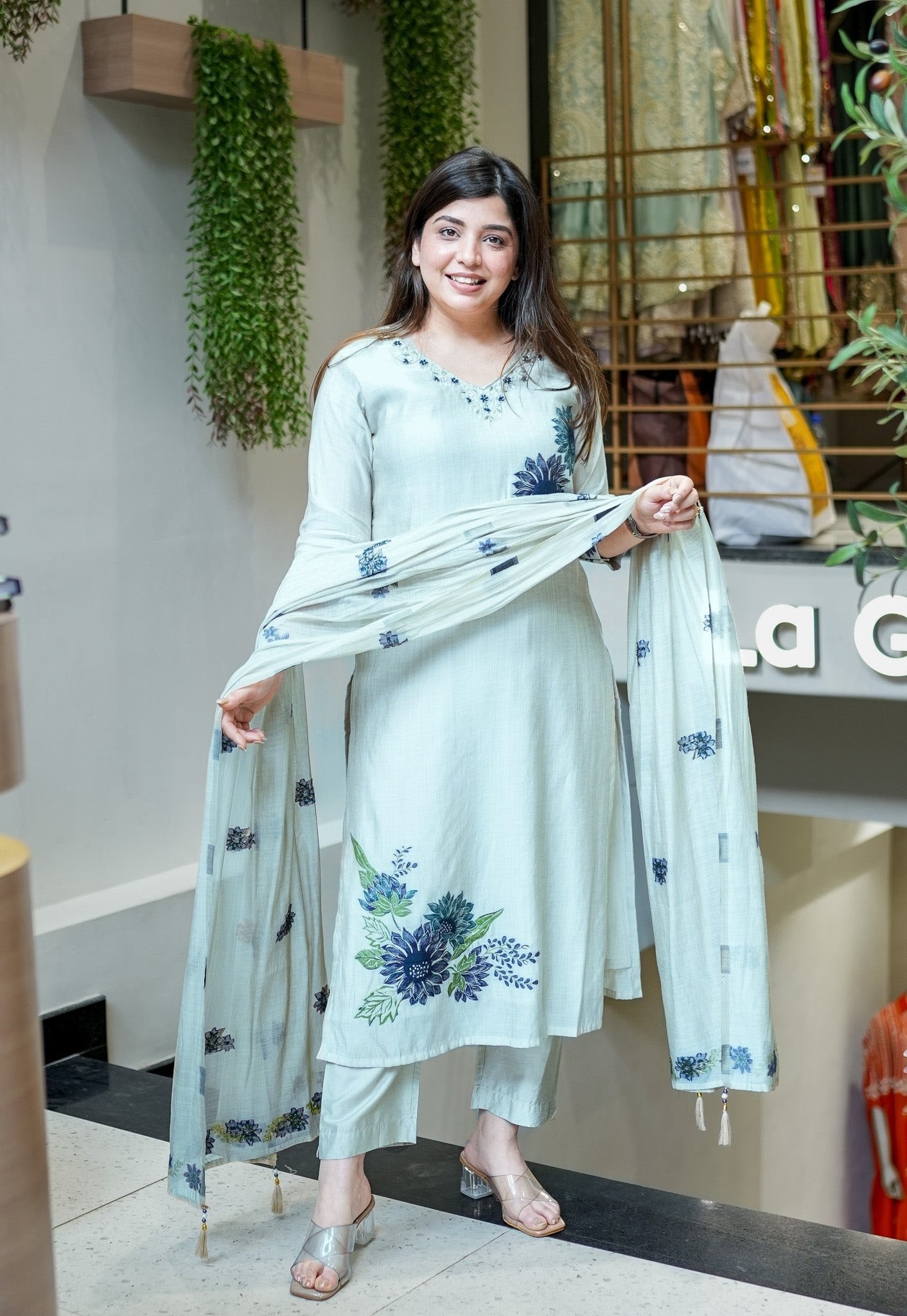 Ice Blue Pure Lilan Suit Set for Women