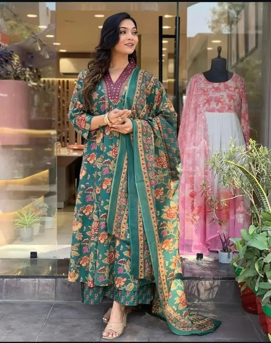 Women's Printed Cotton Anarkali Kurta & Pant With Dupatta Set