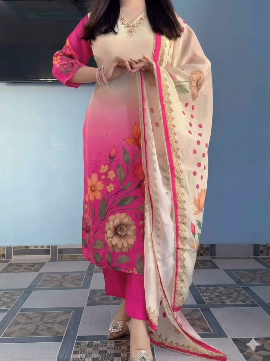 Pink Ombre Floral Print Ethnic Kurta Pant Dupatta Set