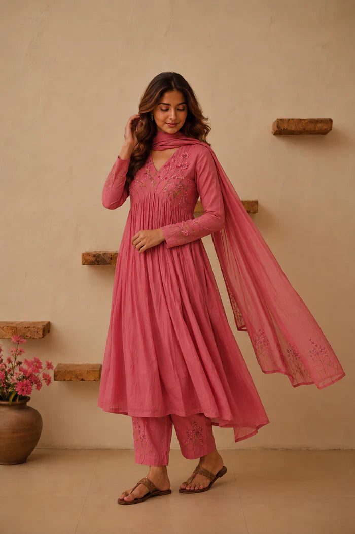 Pink Floral Embroidered Anarkali Kurta Set for Women