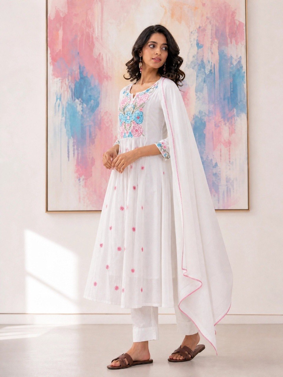 Elegant Ivory White Cotton Flared Anarkali Suit Set with Multi-Color Floral Embroidery & Cape-Style Dupatta