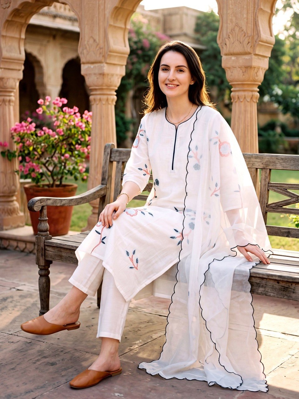 Ivory Blossom Hand-Embroidered Kurta Set with Organza Style Scalloped Dupatta