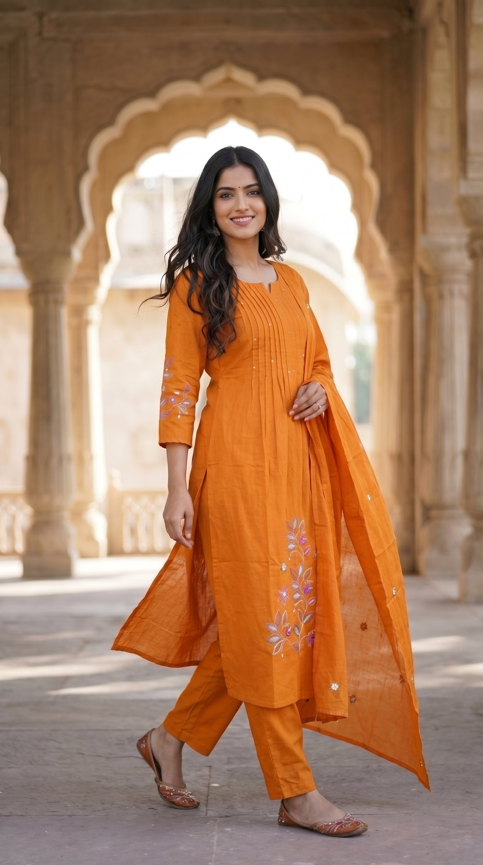 Elegant Rust Orange Cotton Embroidered Kurta Pant Set With Dupatta