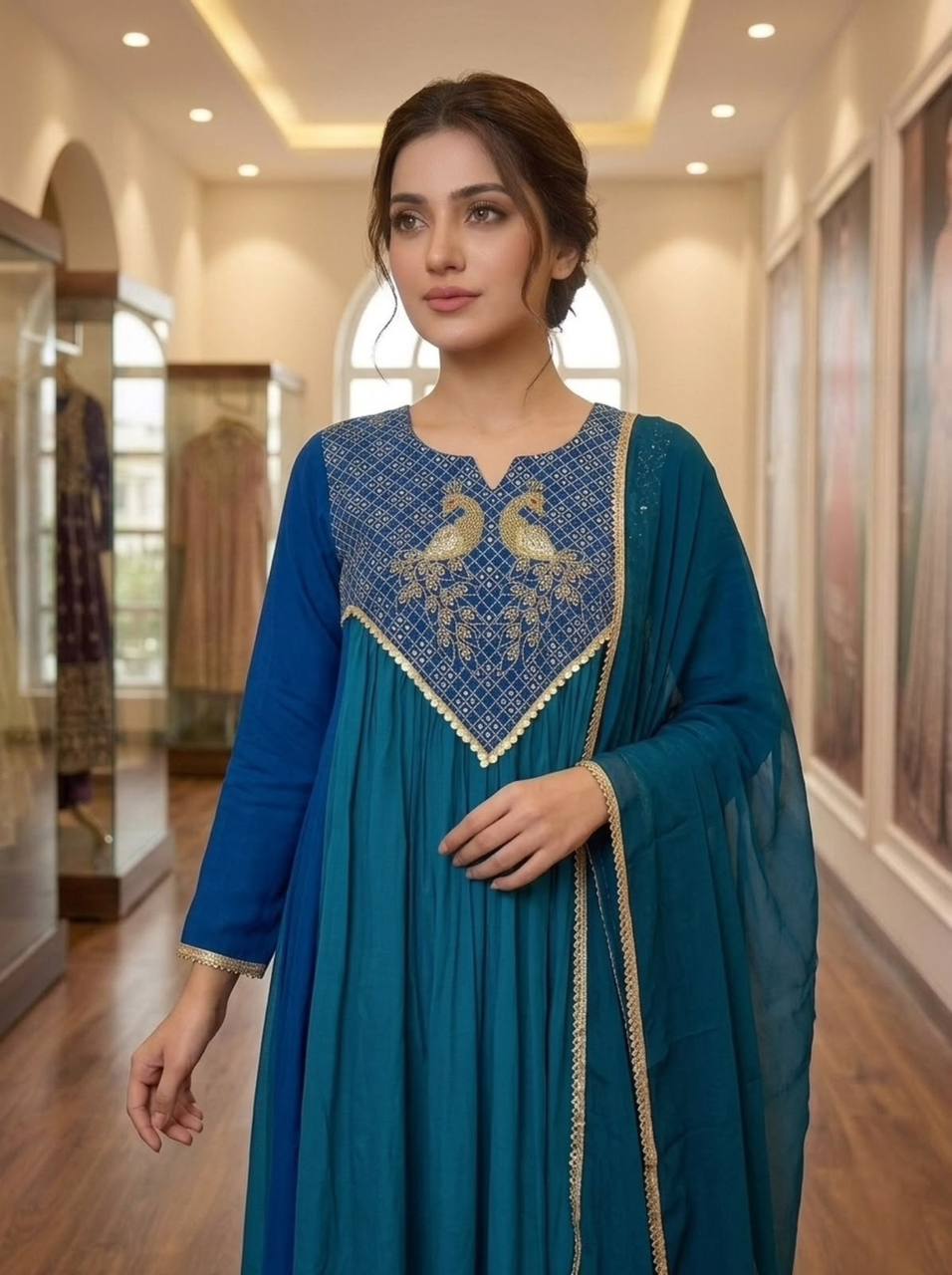 Peacock Embroidered Teal Blue Anarkali Kurta Set with Dupatta