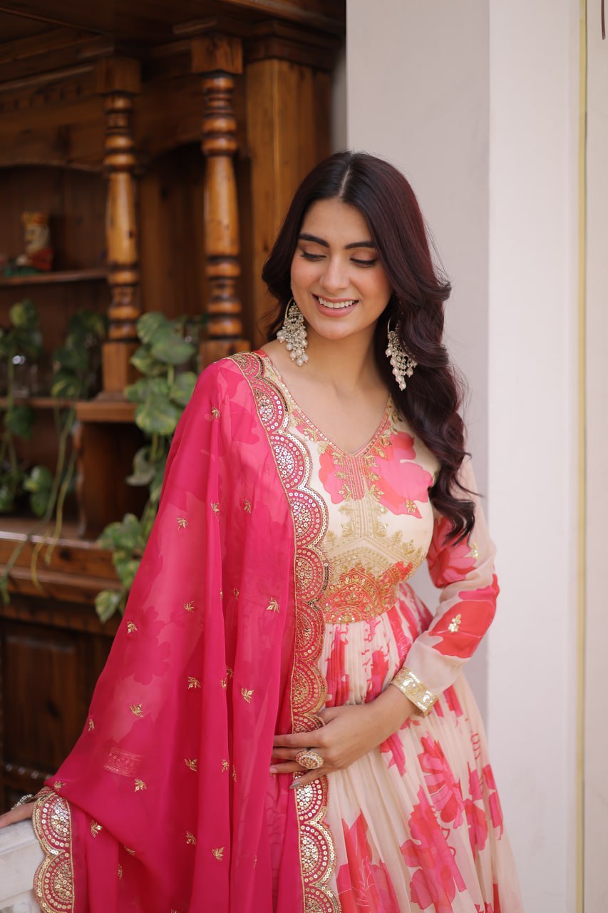 White With Pink Embroidery Zari Sequins Work Digital Printed Russian Silk Gown With Dupatta