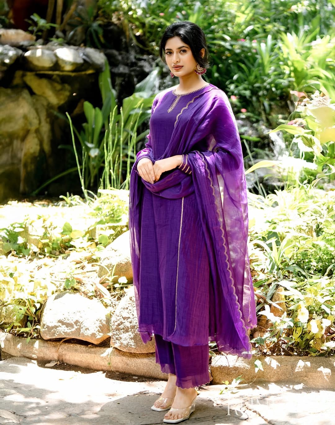 Purple Silk Blend Suit Set with Scalloped Border Dupatta