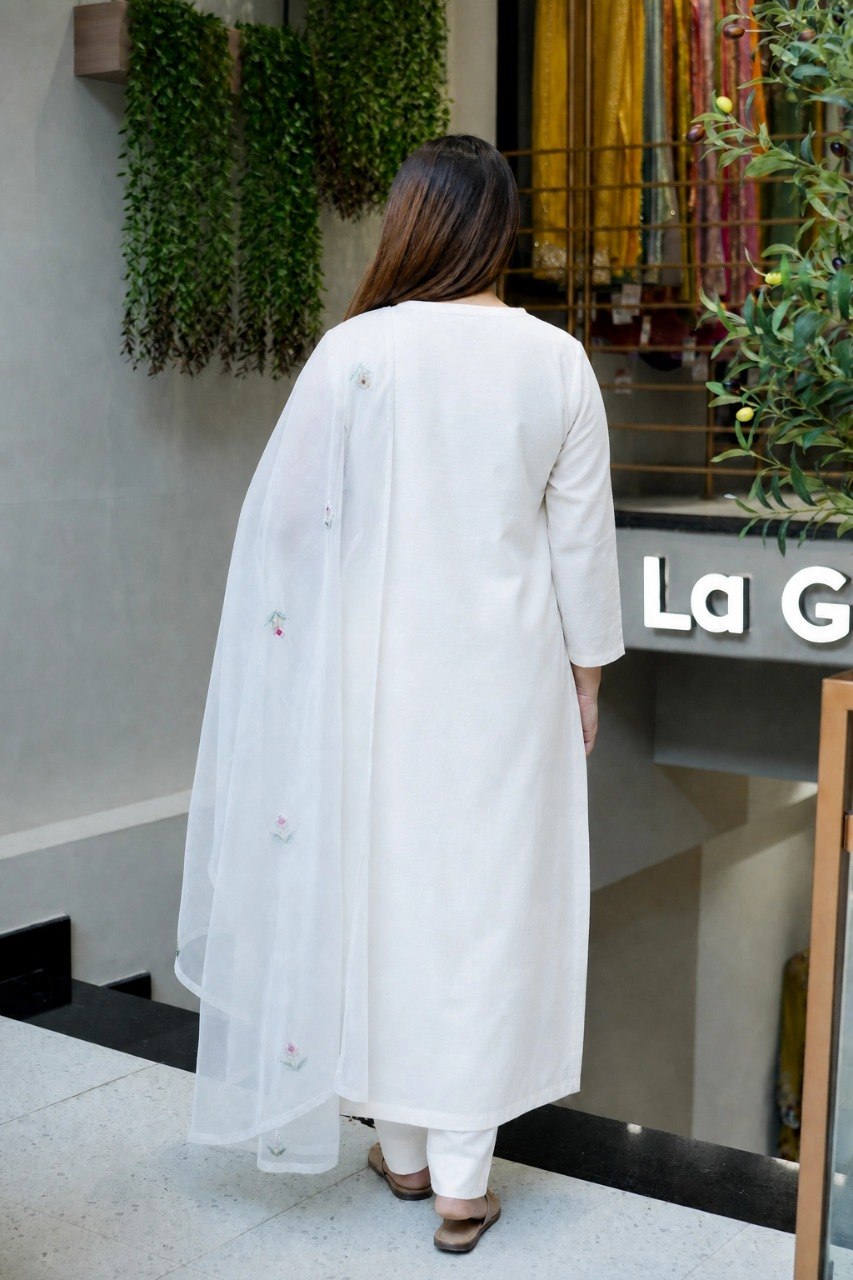 Graceful White Floral Thread Work Straight Kurta Set for Festivals and Special Occasions