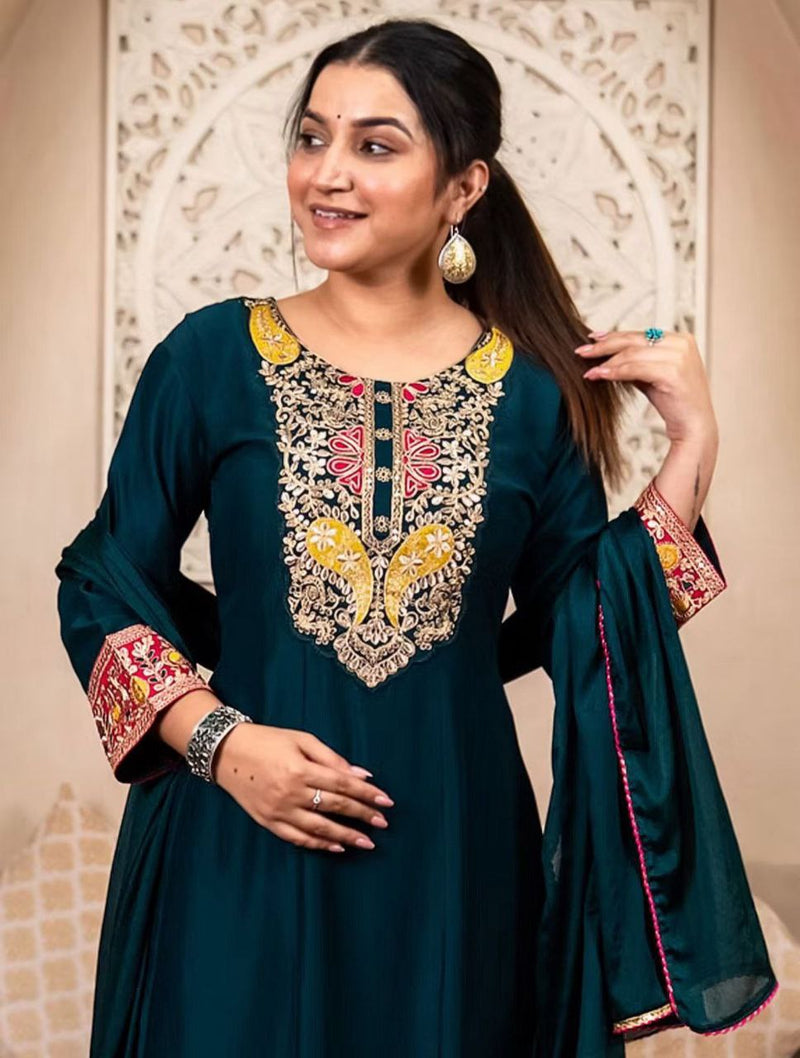 Teal Embroidered Anarkali Kurta Set with Dupatta