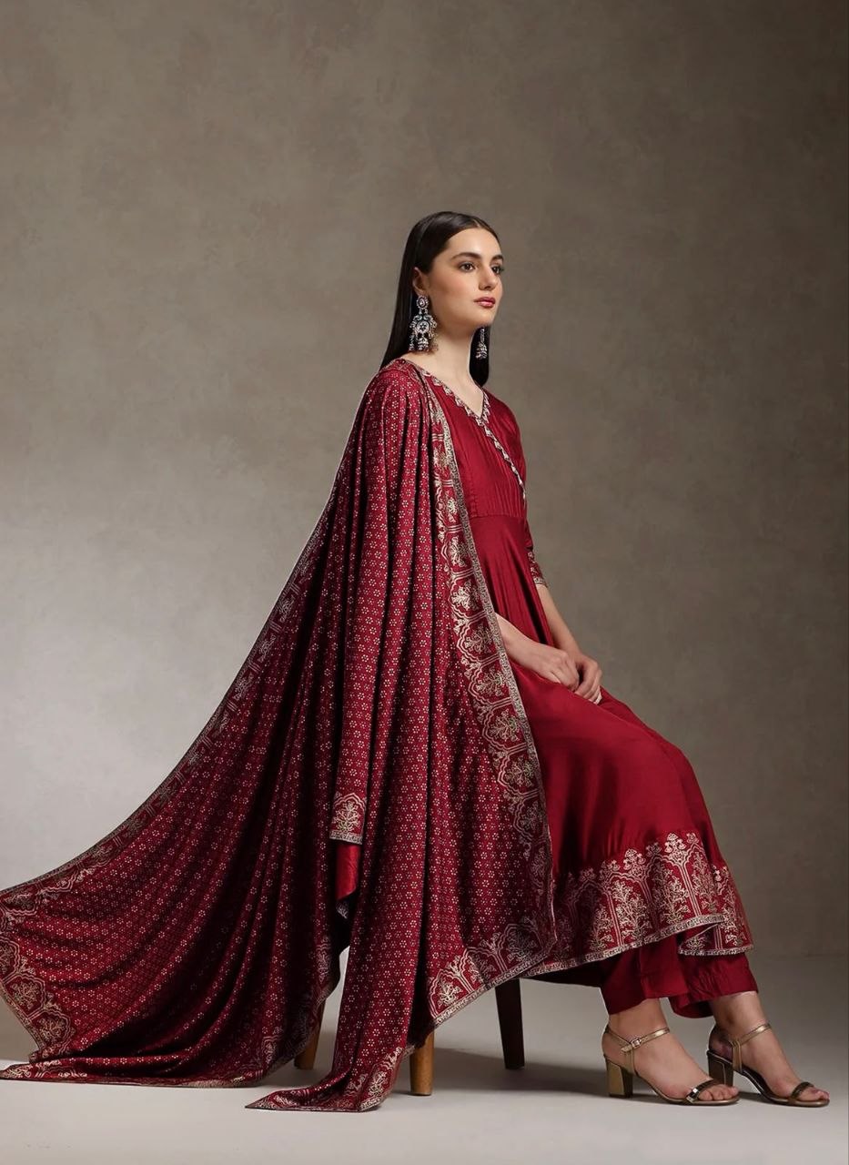 Maroon Anarkali Kurta Set with Zari Border Dupatta & Pants
