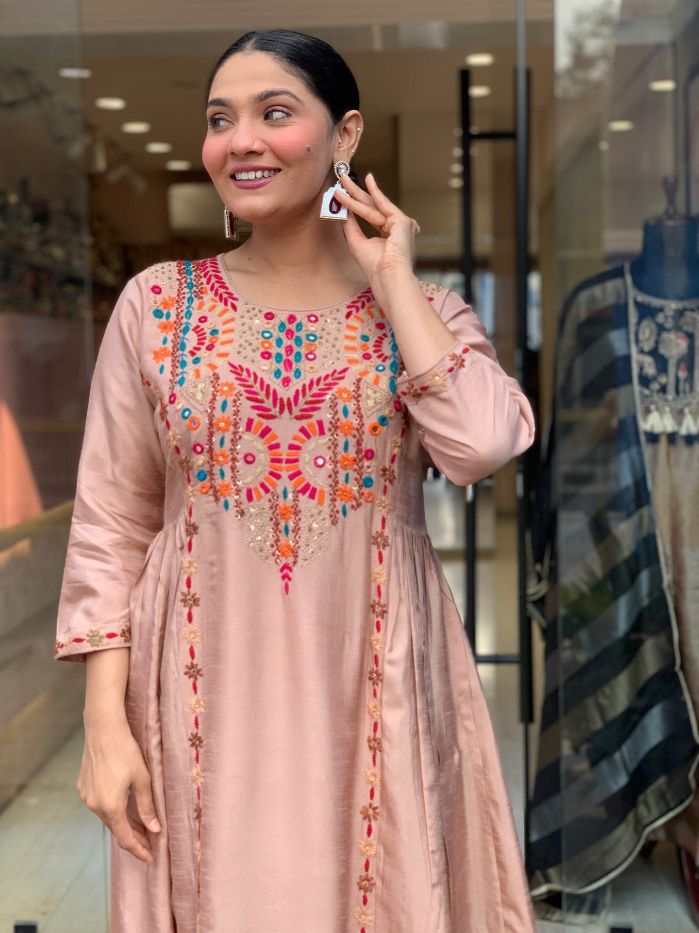 Elegant Peach Embroidered Anarkali Kurta Pant Set with Dupatta