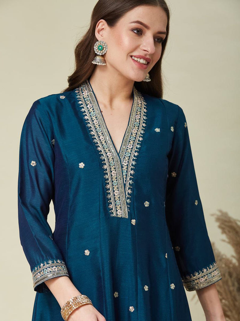 Teal Blue Embroidered Anarkali Kurta Set with Dupatta