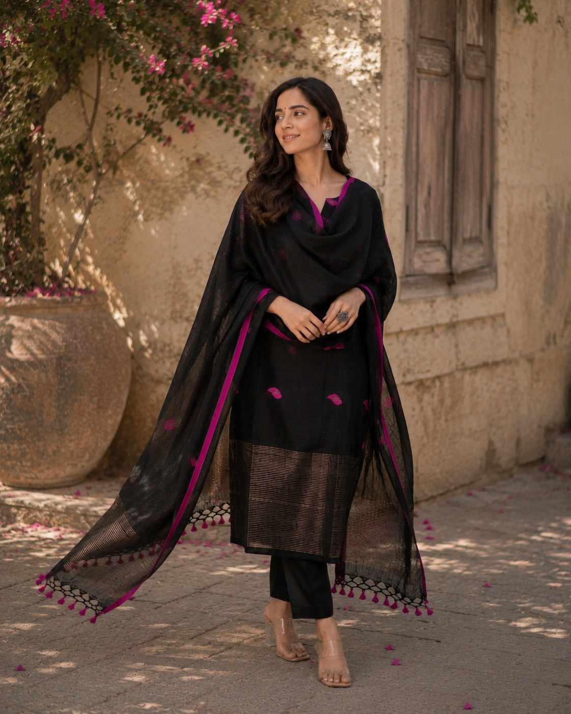 Royal Black & Magenta Designer Jacquard Suit Set with Dupatta
