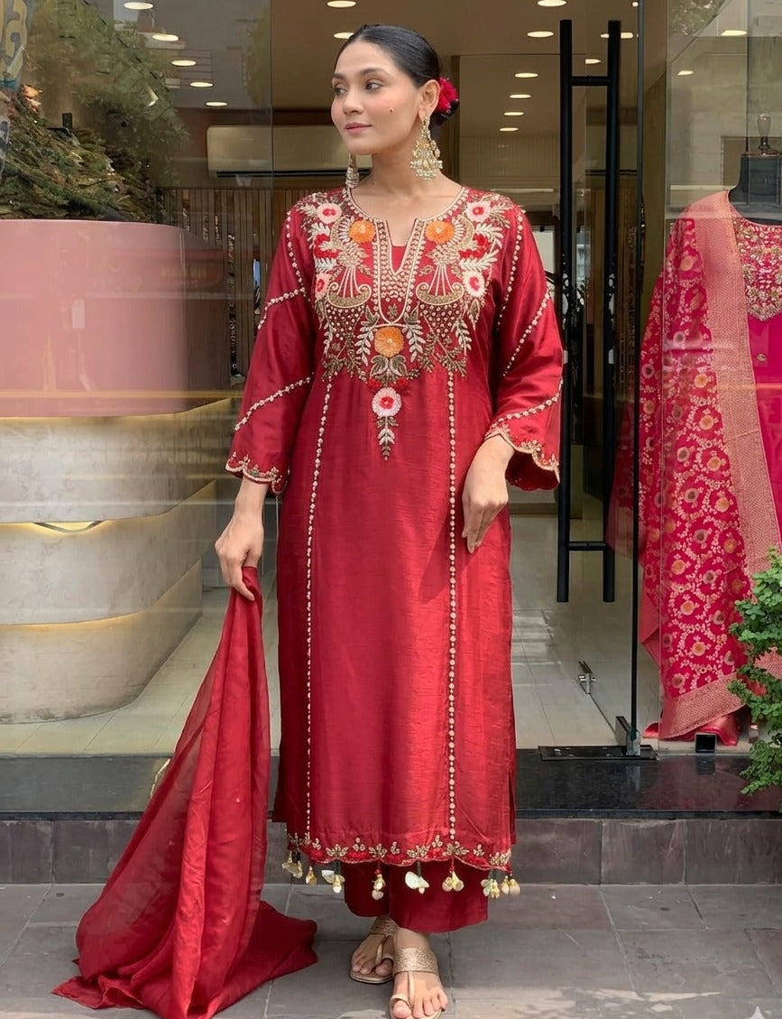 Elegant Maroon Chanderi Silk Heavily Embroidered Kurta Pant Set With Dupatta