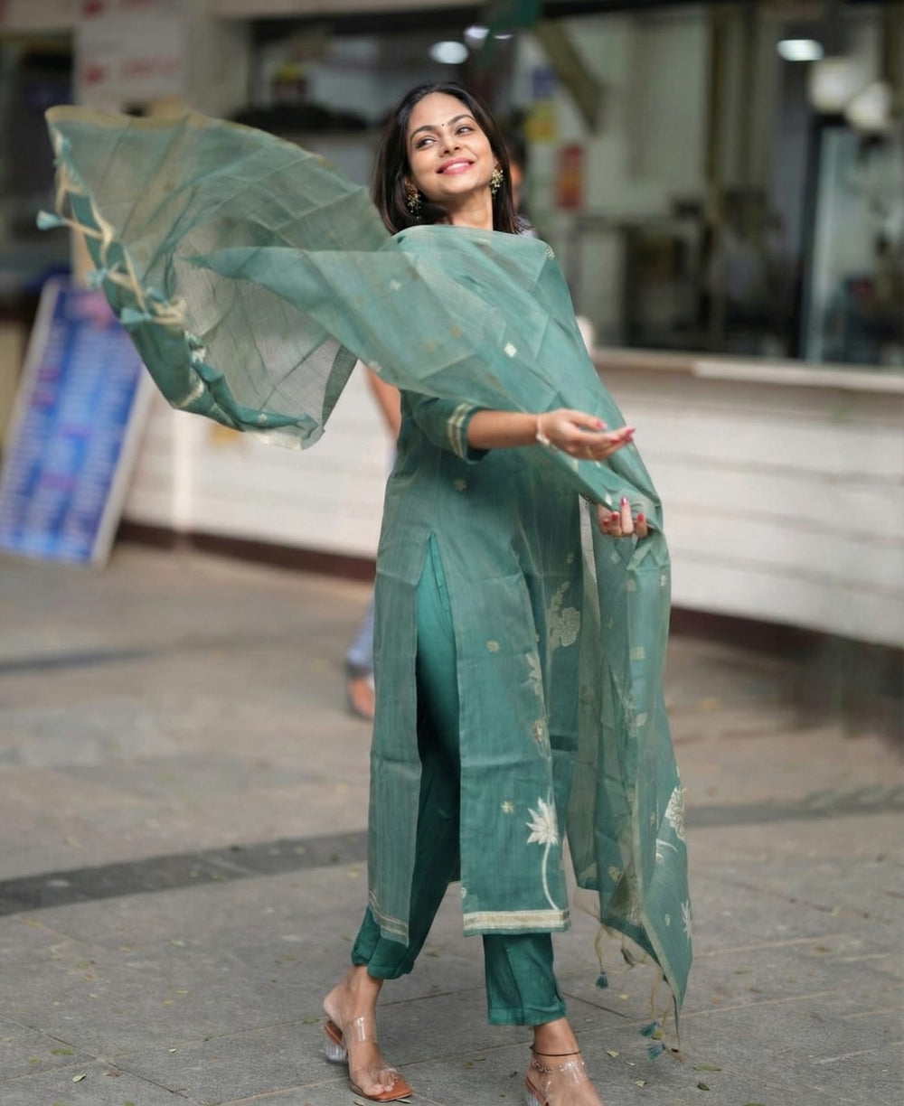 Women's Elegant Sage Green Woven Floral Silk Kurta Pant Set with Dupatta