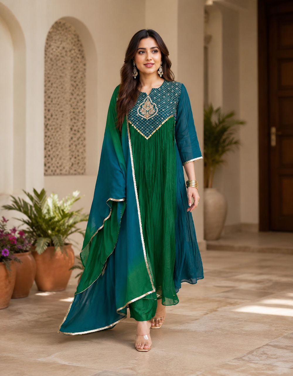 Women's Emerald Green Embroidered Anarkali Kurta Set with Chiffon Dupatta