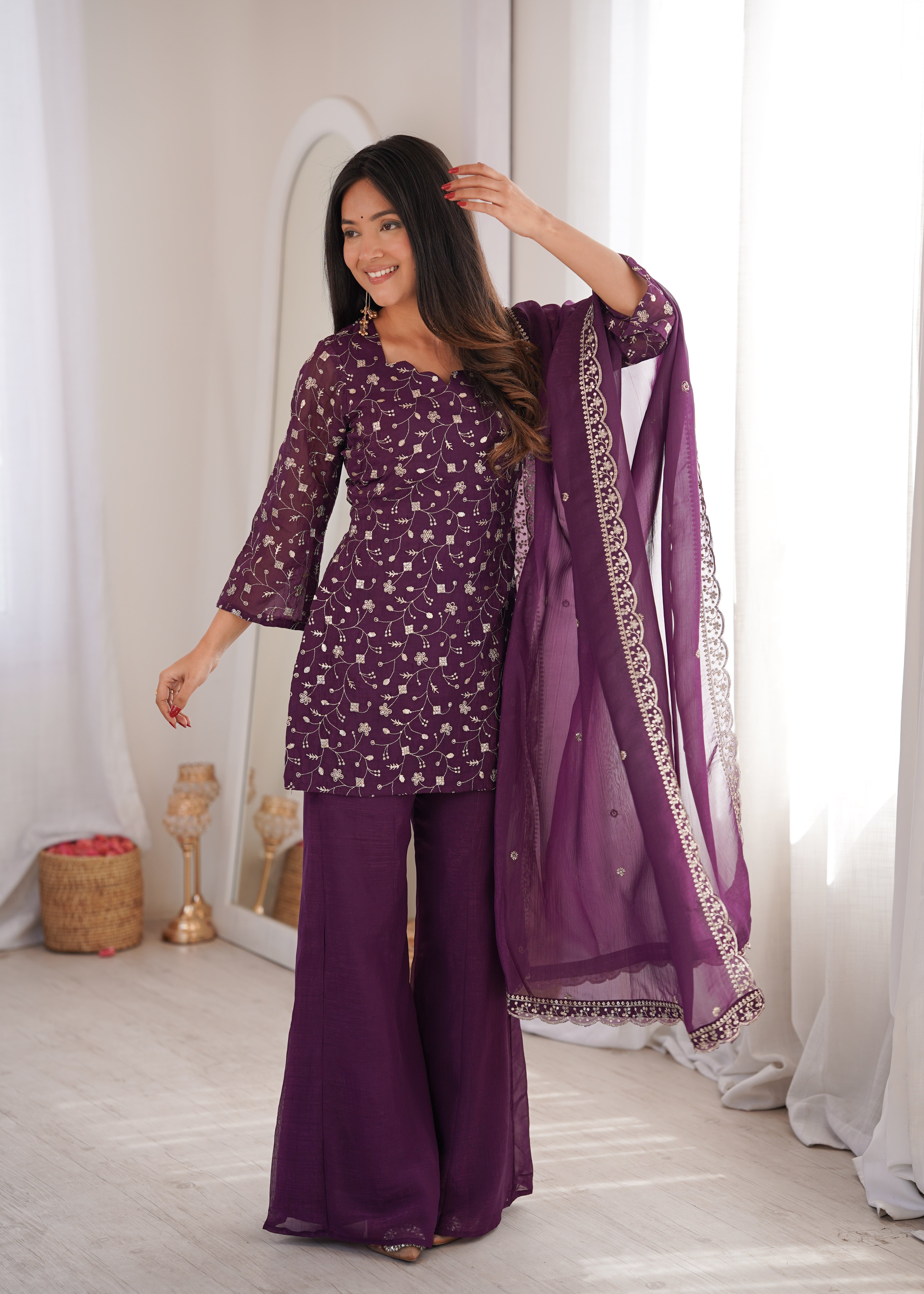 Crunchy Silk Embroidered Suit Set with Bell Bottom Pant