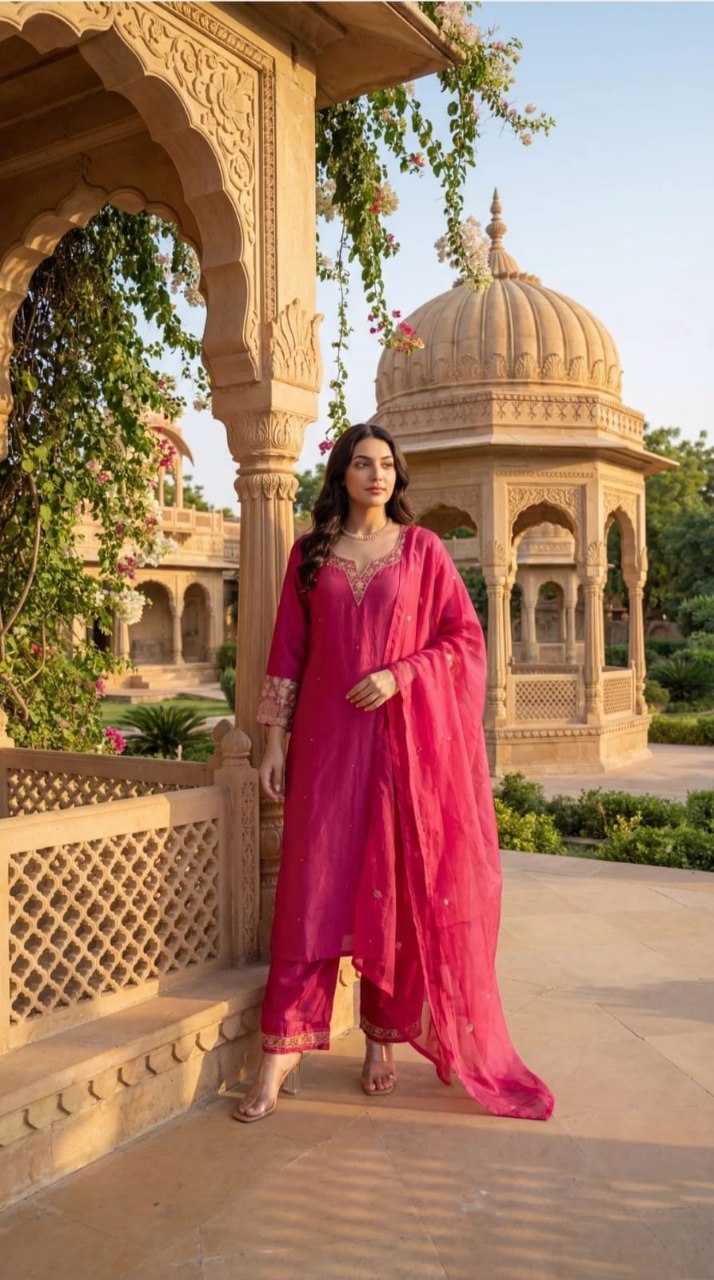 Fuchsia Pink Silk Blend Ethnic Motifs Embroidered Festive Suit Set (Set of 3)