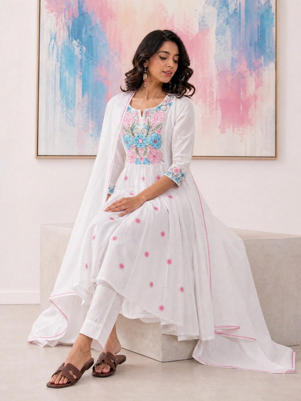 Elegant Ivory White Cotton Flared Anarkali Suit Set with Multi-Color Floral Embroidery & Cape-Style Dupatta