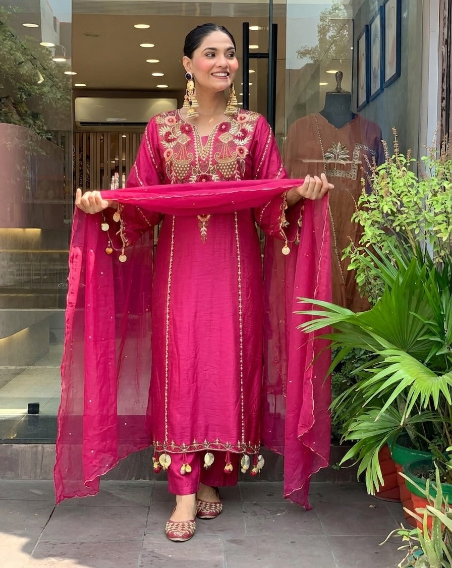 Rani Pink Chanderi Silk Embroidered Kurta Pant Set with Dupatta