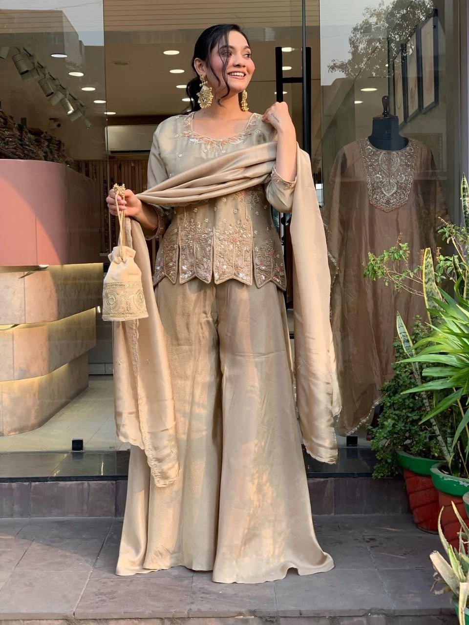 Festive Cream Silk Peplum Kurti & Sharara Suit with Matching Potli Bag