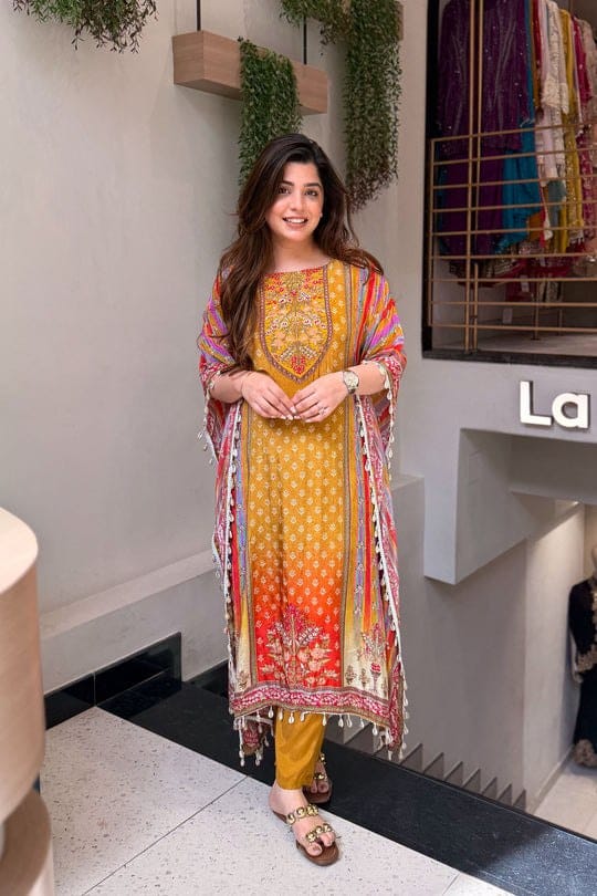 Yellow Mustard Printed Kaftan  Kurti Set with Beads Work & Pants